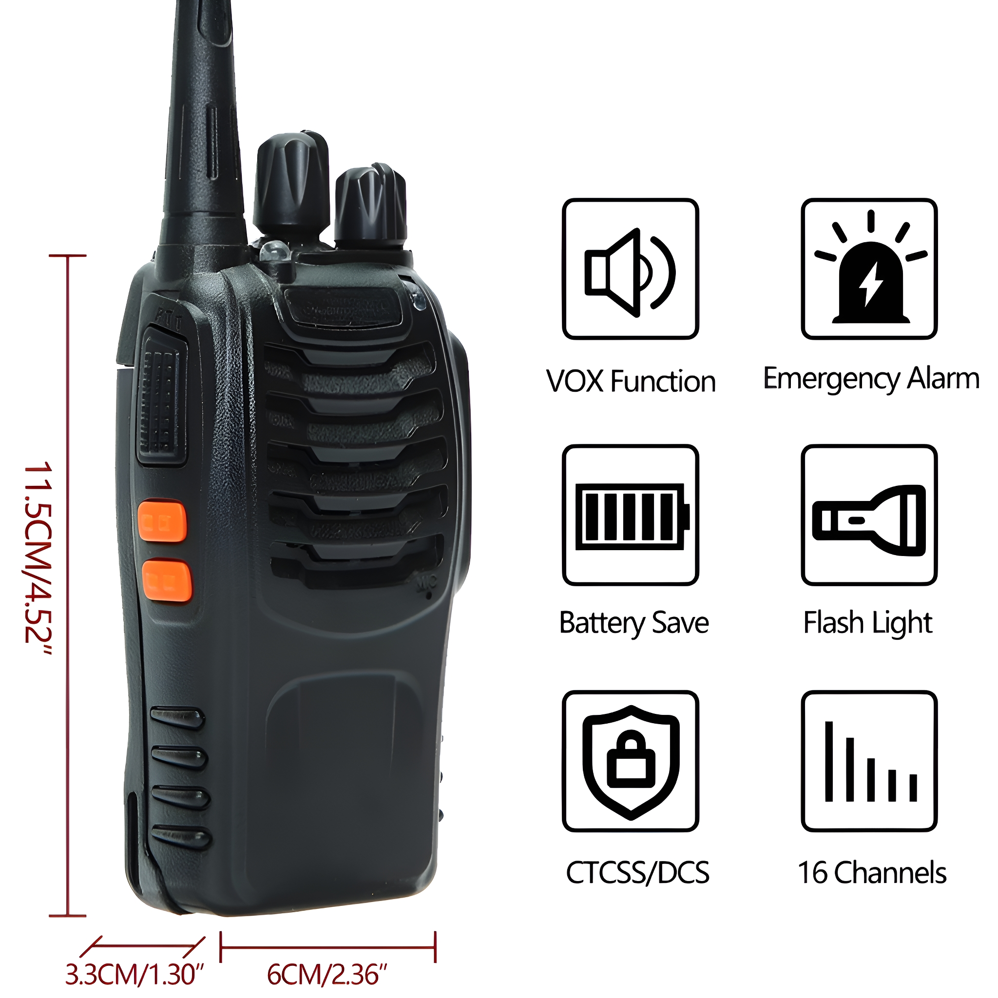 Schwarzes Walkie-Talkie mit Maßen und Symbolen. Mehrere Knöpfe und Drehregler.