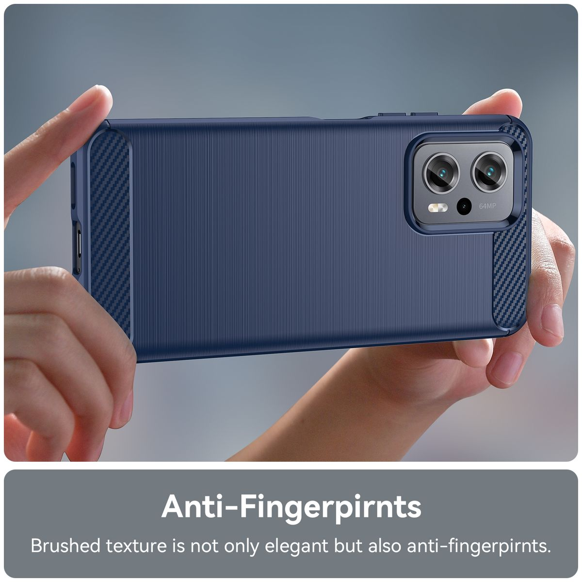 Dunkelblaue Handyhülle. Die Hülle hat eine strukturierte Rückseite. Eine Hand hält das Telefon. Text: Anti-Fingerabdrücke.