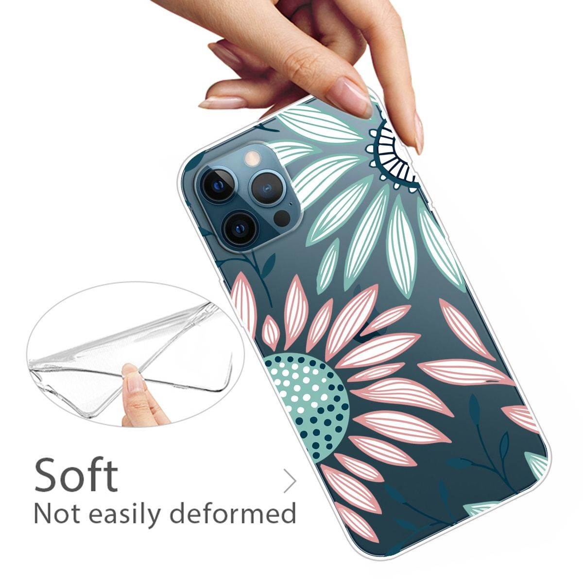 Transparente Handyhülle mit Blumendesign. Eine Hand hält die Hülle mit einem Telefon darin.