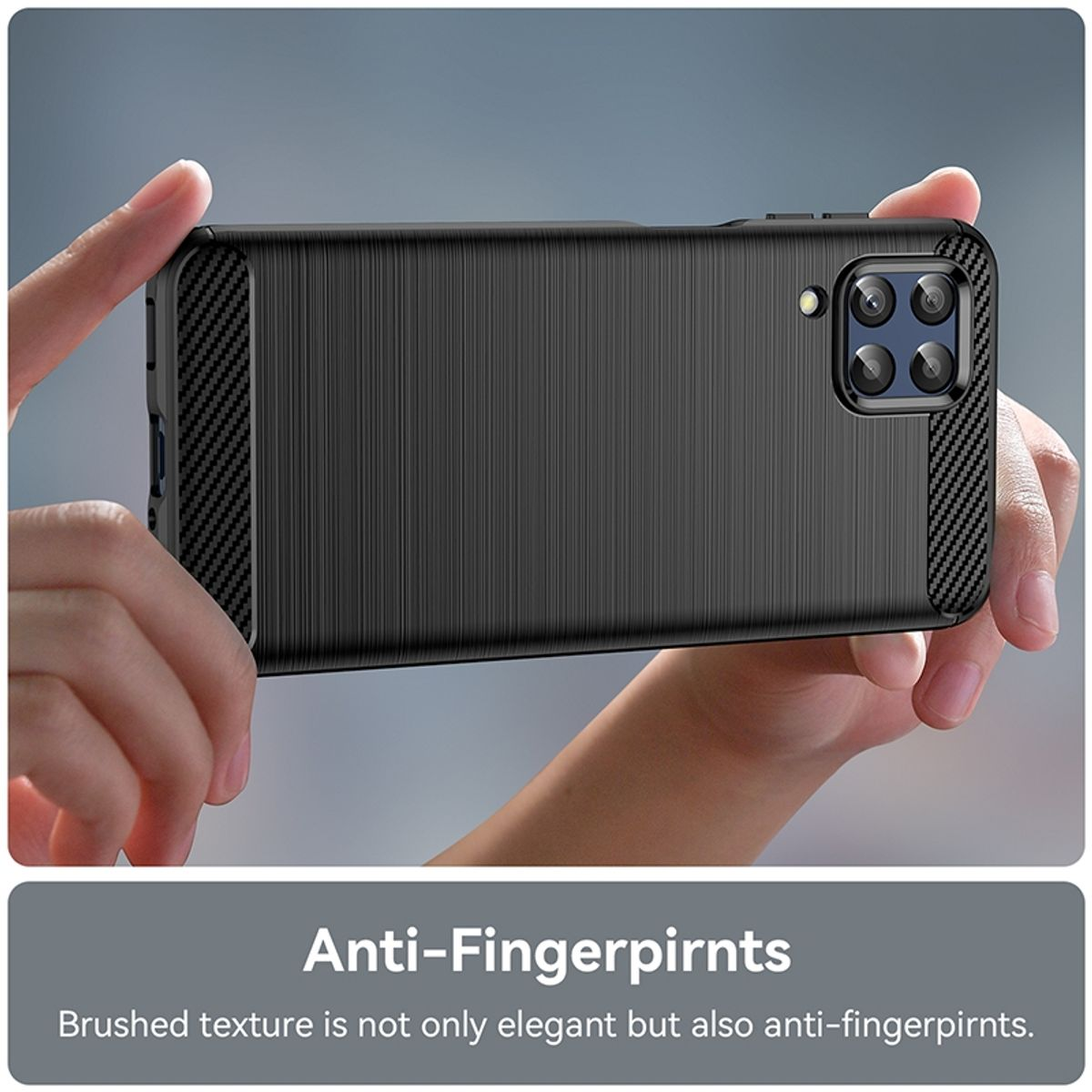 Schwarze Handyhülle, die von Händen gehalten wird. Text: Anti-Fingerprints. Gebürstete Textur...