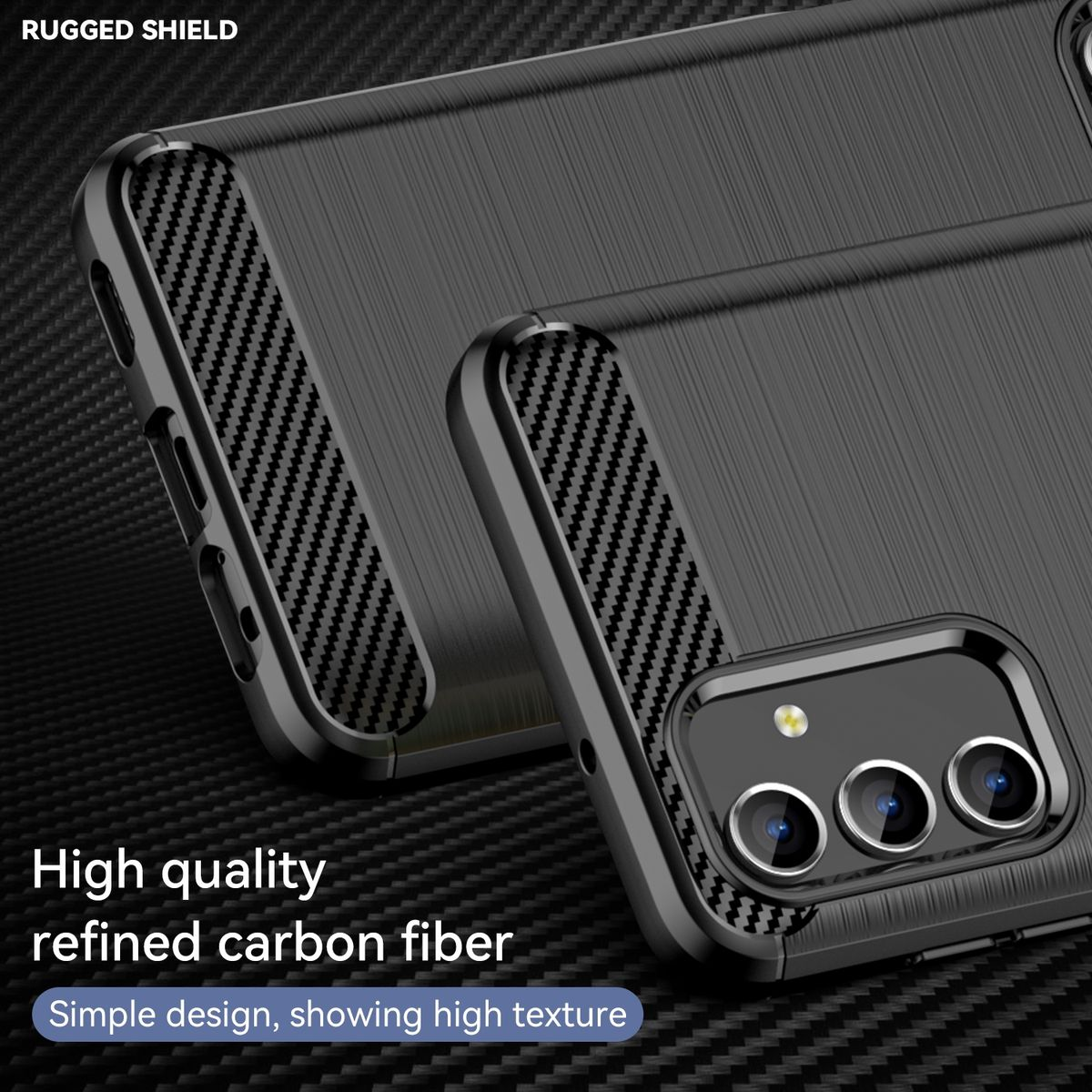 Schwarze Handyhülle mit Carbonfaser-Design. Robuster Schutz und hochwertiger Carbonfaser-Text vorhanden.