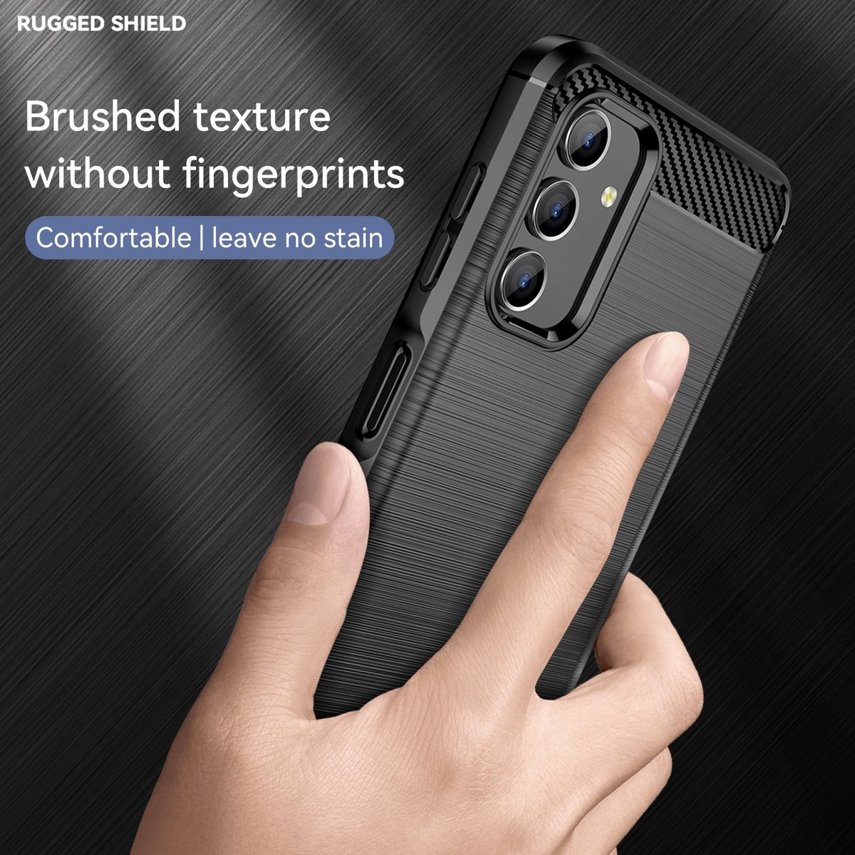 Schwarze Handyhülle mit strukturierter Rückseite und Karbonfaser-Design. Text: Rugged Shield, Brushed texture.