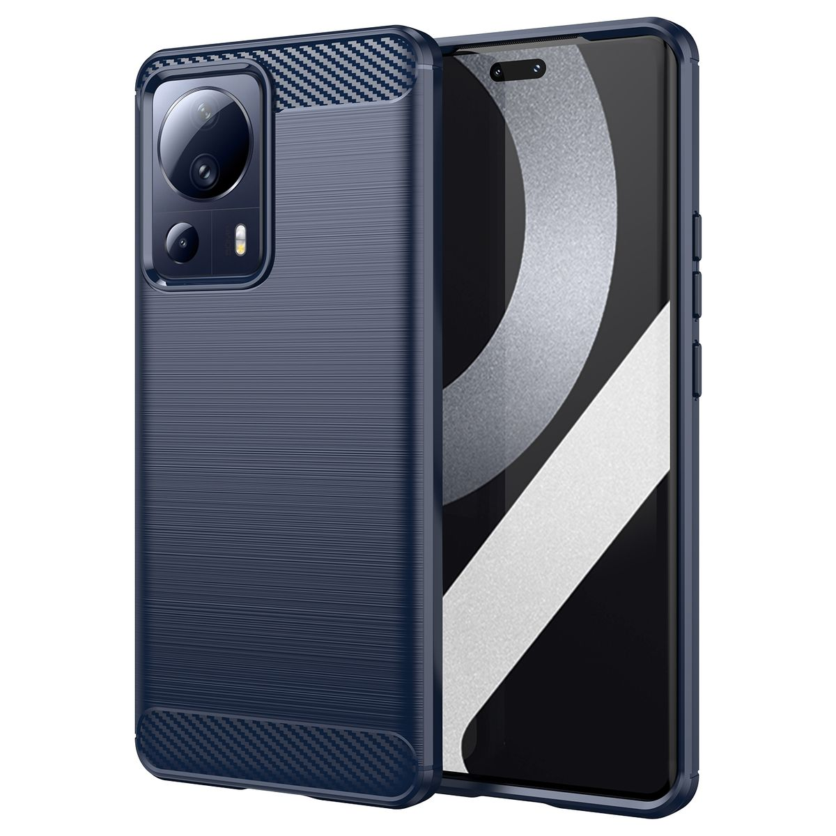 Eine blaue Handyhülle mit Carbonfaser-Design neben einem Handy mit weiß-grauem Muster.