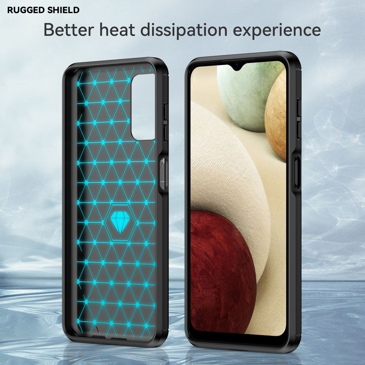 Schwarze Handyhülle mit blauem geometrischen Design und Rautenform, geöffnet.