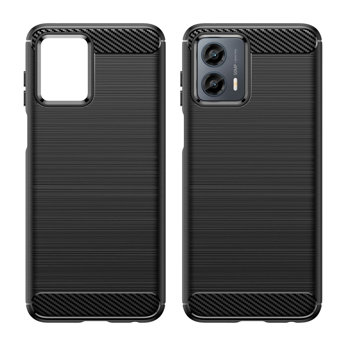 Schwarze Handyhülle mit strukturiertem Design, offen, zeigt die Rückseite und Vorderseite, Kameraabschnitt.