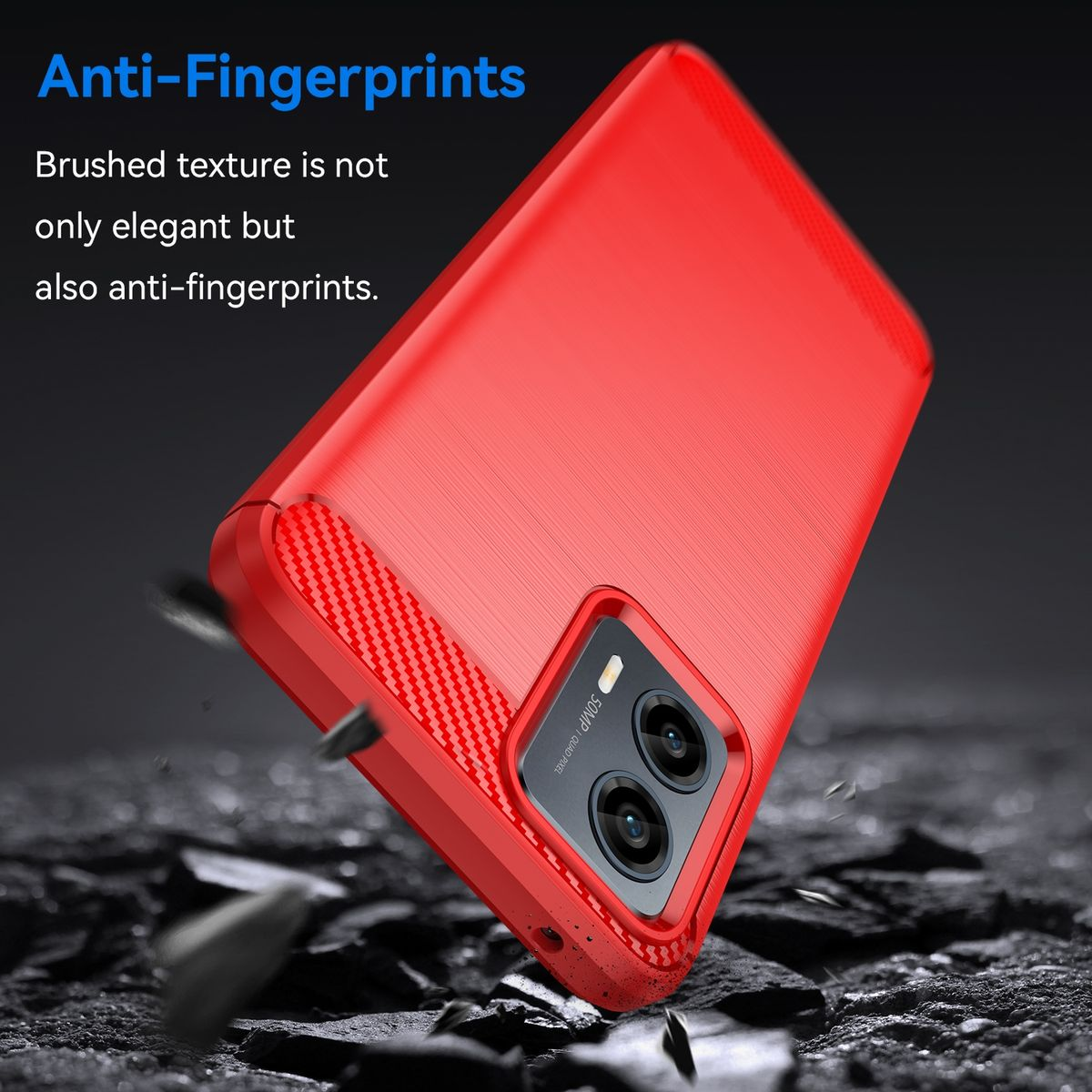 Rote Handyhülle mit gebürsteter Textur und Anti-Fingerabdruck-Funktion, mit Kamera.