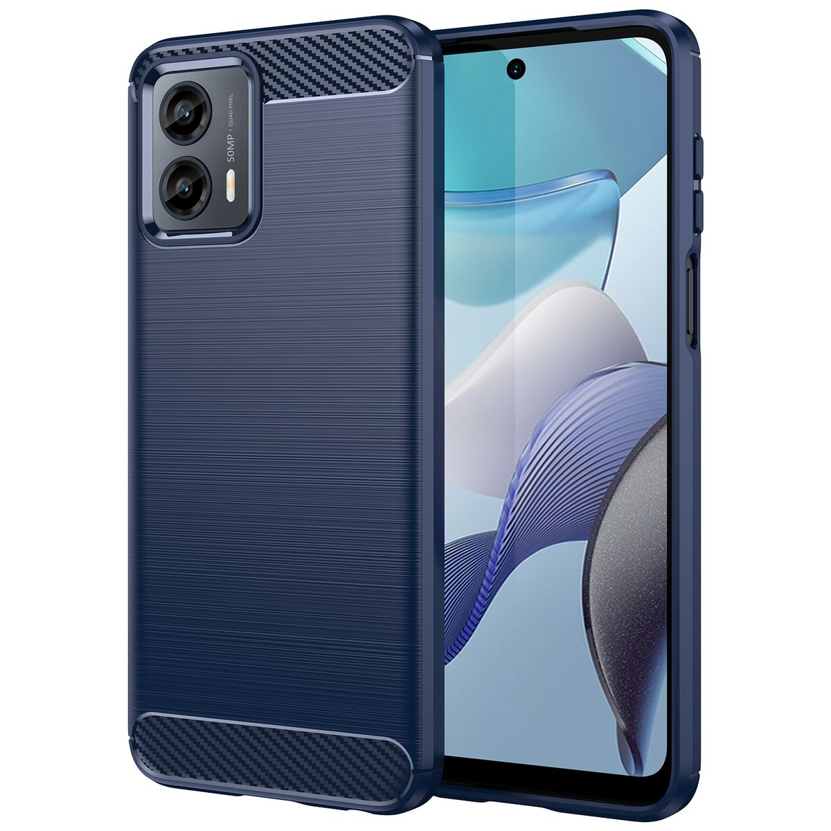 Blaue Handyhülle mit Karbonfaser-Design. Telefon ist innen.