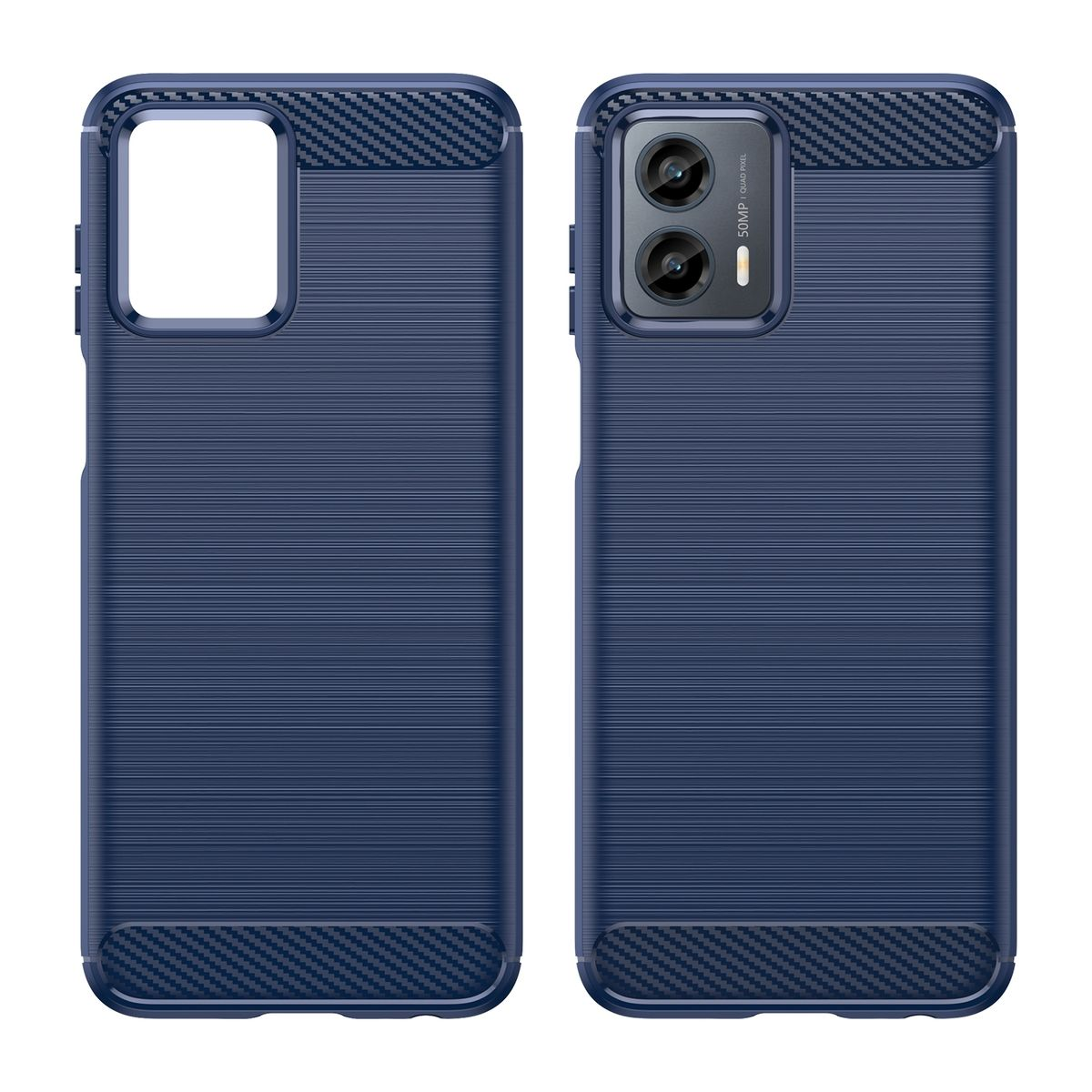 Zwei Handyhüllen mit blauem Hintergrund und Carbonfaser-Design um den Kamerabereich.