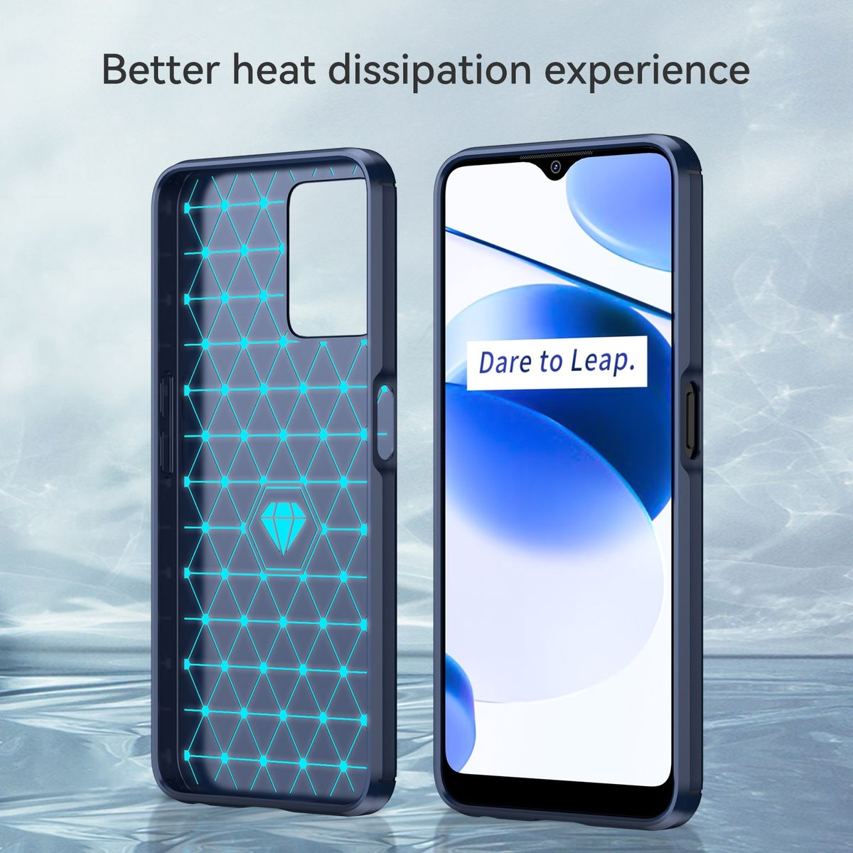 Ein Telefon und eine Hülle, die ein Hüllendesign und den Bildschirm des Telefons zeigen.