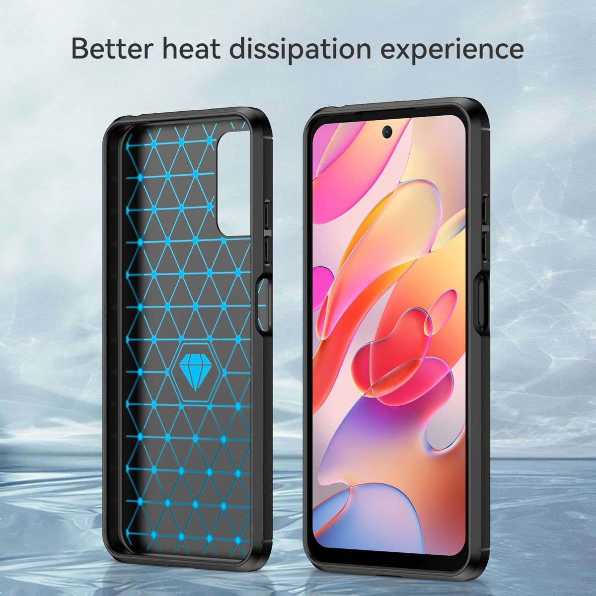 Schwarze Handyhülle mit blauem geometrischem Design, mit Telefon, auf blauer Oberfläche.