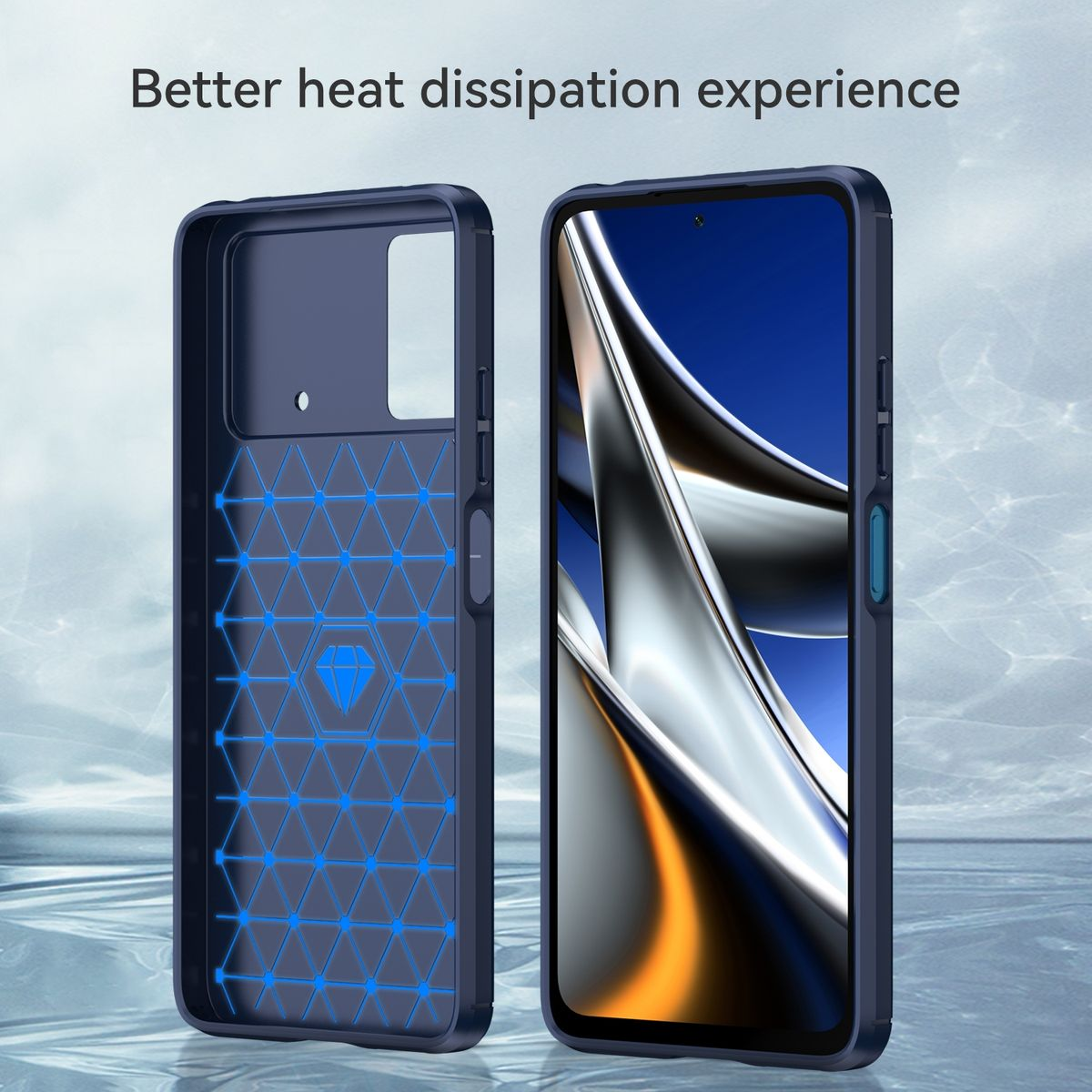 Blaue Handyhülle mit geometrischem Design und einem Telefon rechts. Bessere Wärmeableitung.