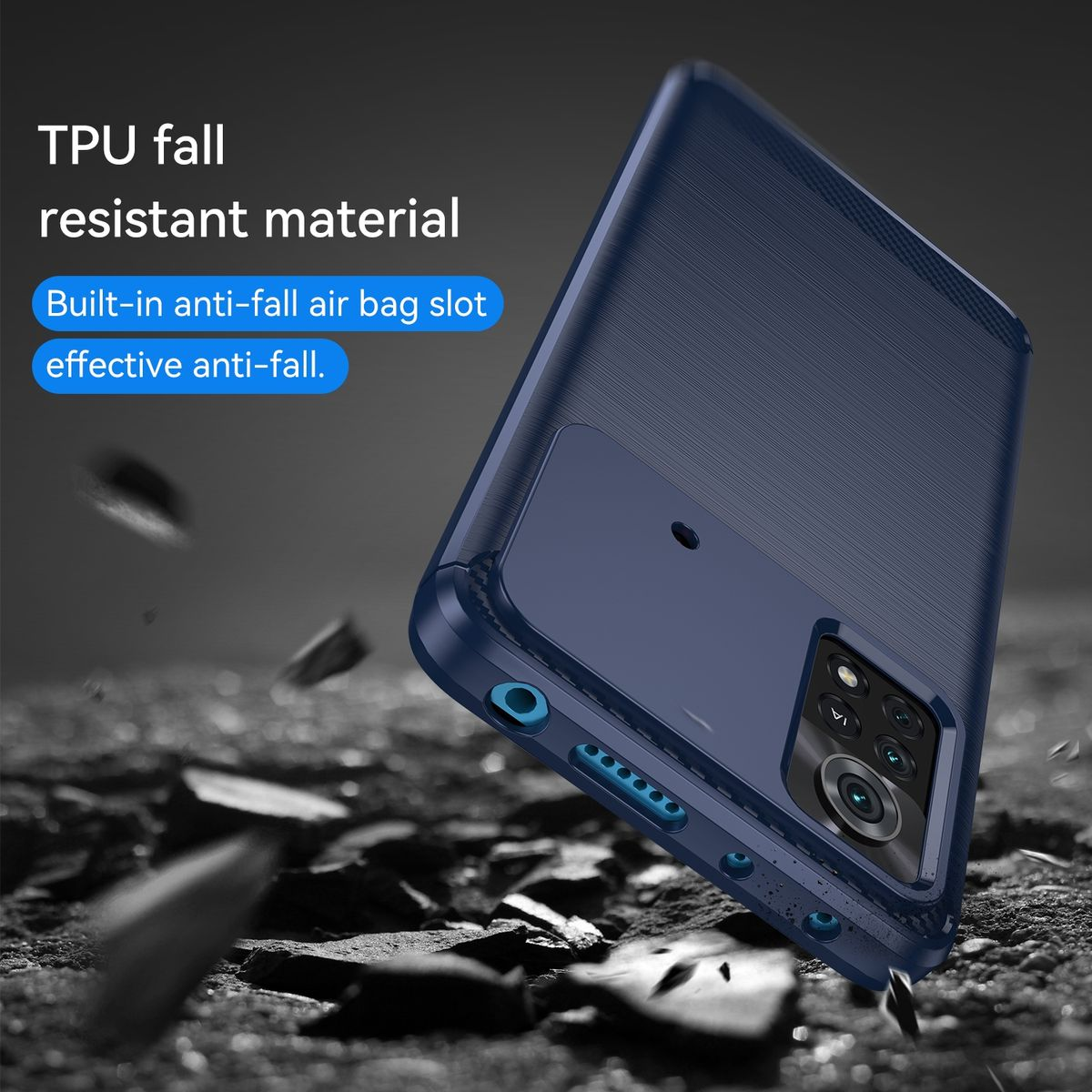 Blaue Handyhülle mit strukturierter Rückseite, mit einem Telefon im Inneren, vor weißem Hintergrund.