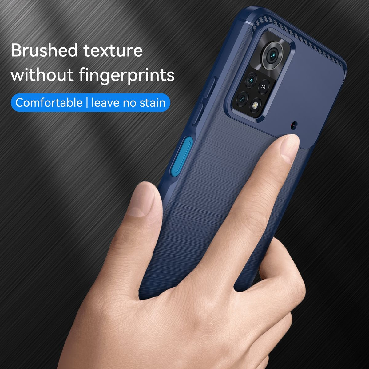Hand hält marineblaue Handyhülle mit Kamera und Text.