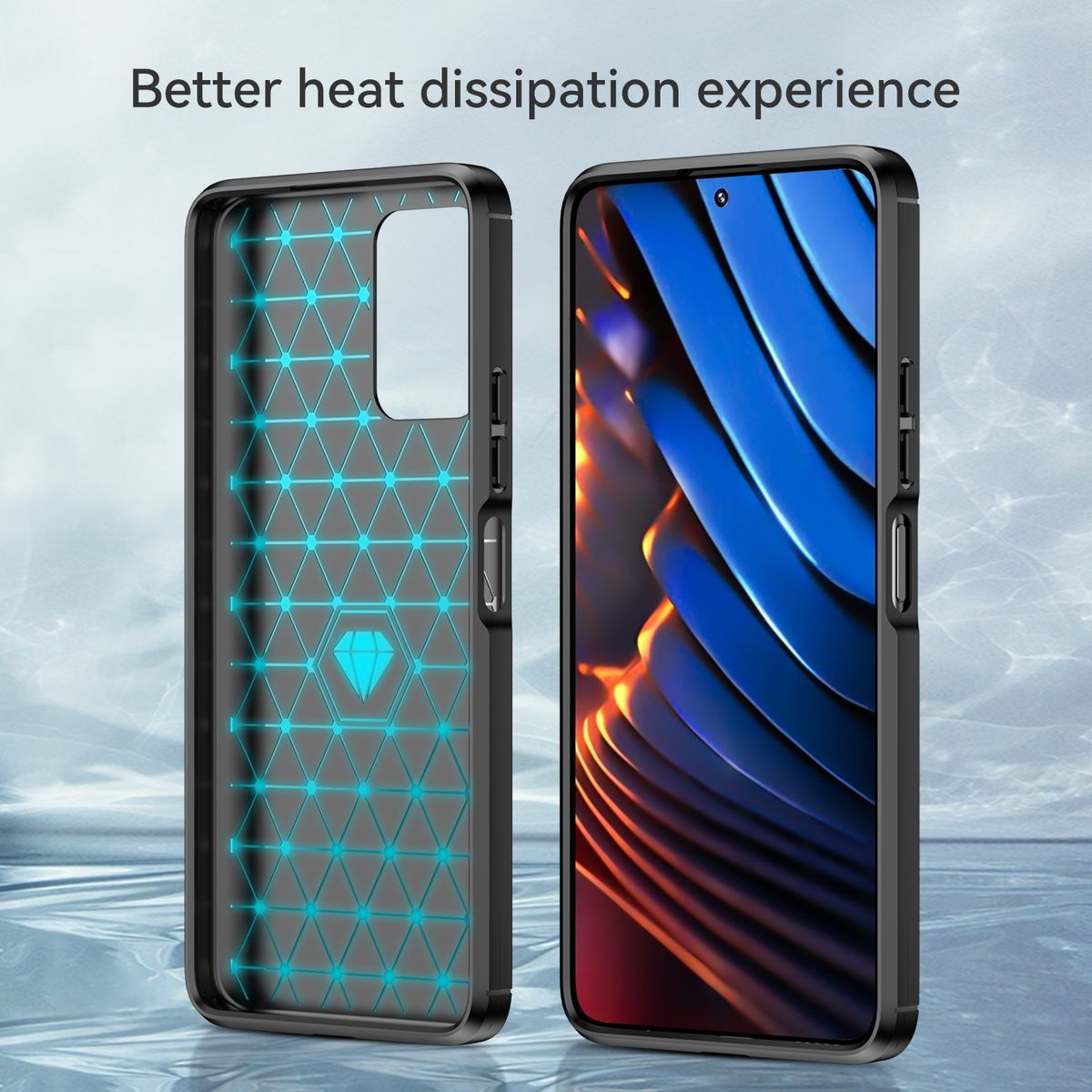 Schwarze Handyhülle mit transparentem Rücken und blauem Diamantenmuster.
