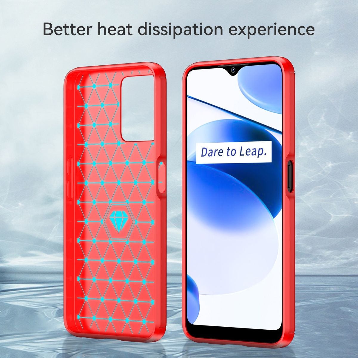 Zwei Handyhüllen, rot mit geometrischem Design und ein Telefon mit blauem Bildschirm.