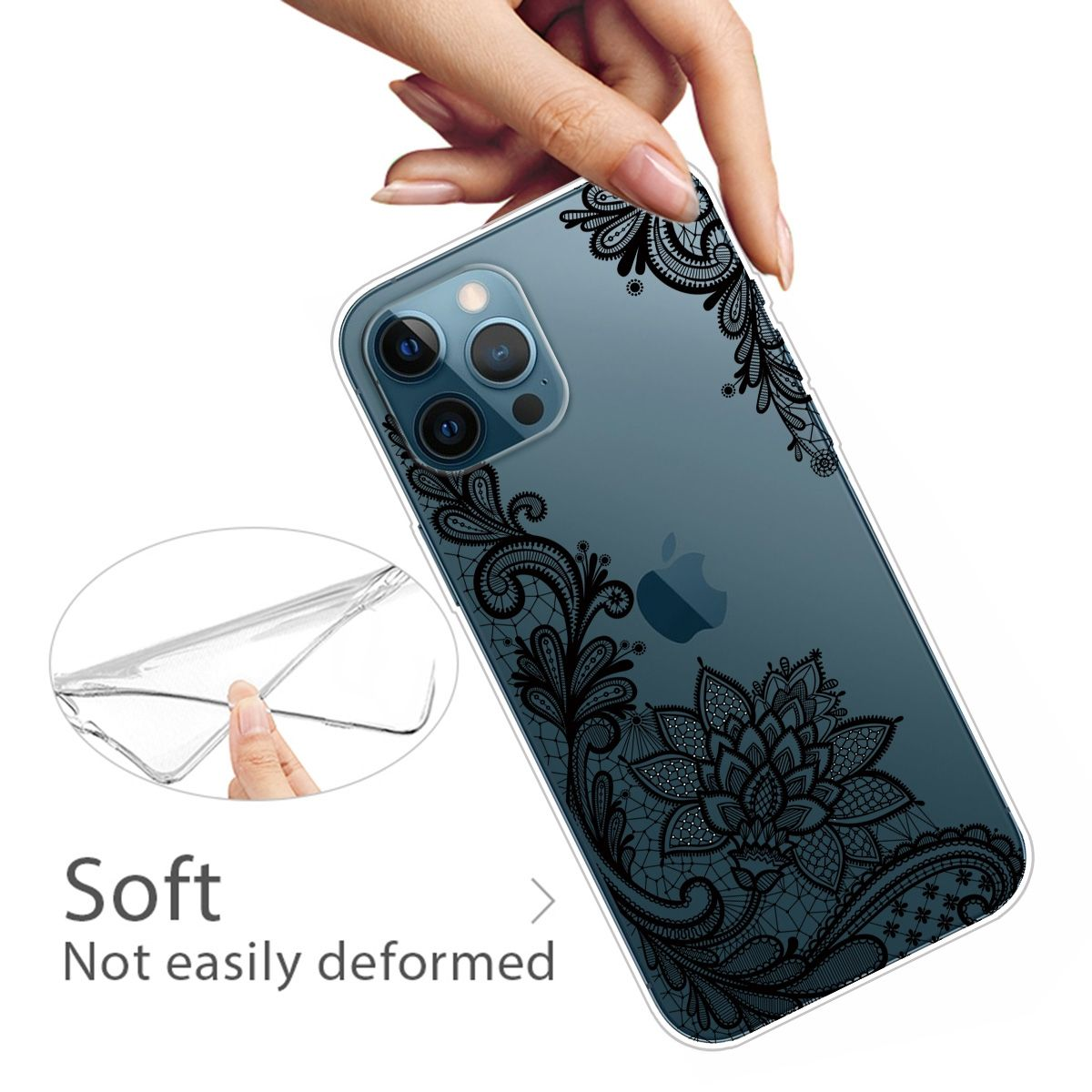 Transparente Handyhülle mit schwarzem floralen Spitzenmuster. Eine Hand hält die Hülle mit dem Telefon darin.
