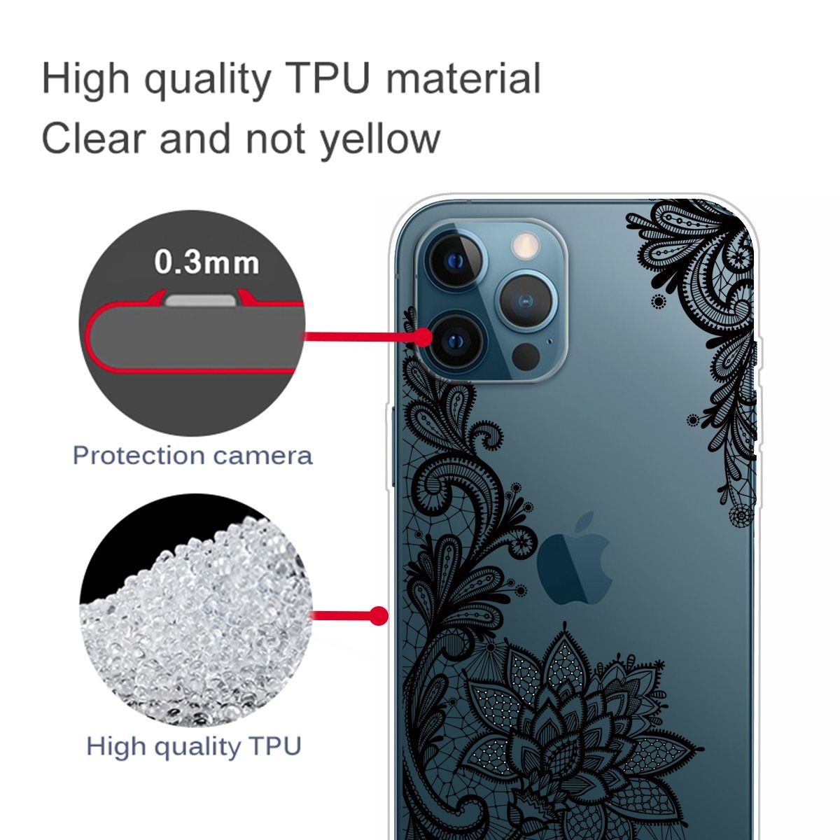 Eine Handyhülle mit schwarzem Blumendesign und den Worten 'Hochwertiges TPU-Material'.
