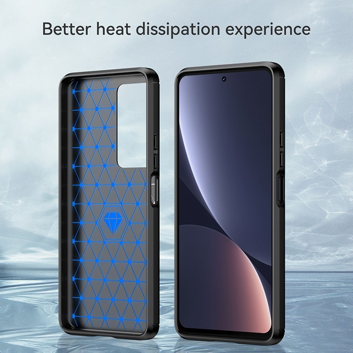 Geöffnete Handyhülle, zeigt Innen- und Außenseite der Hülle, mit einem Telefon darin.