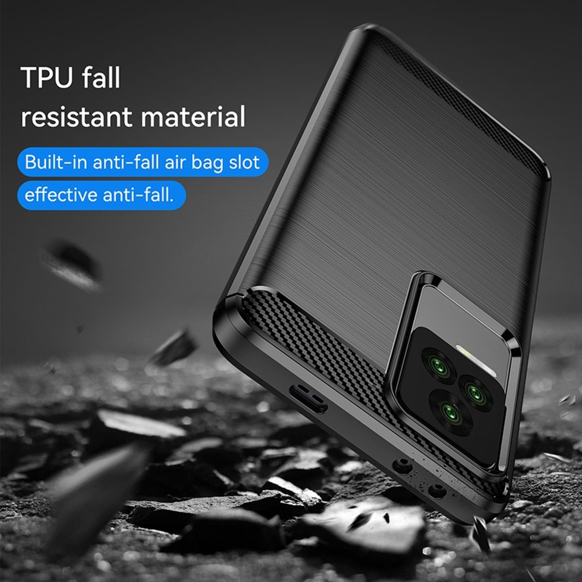 Schwarze Handyhülle mit strukturierter Rückseite. Texte: TPU-Material, eingebauter Airbag.