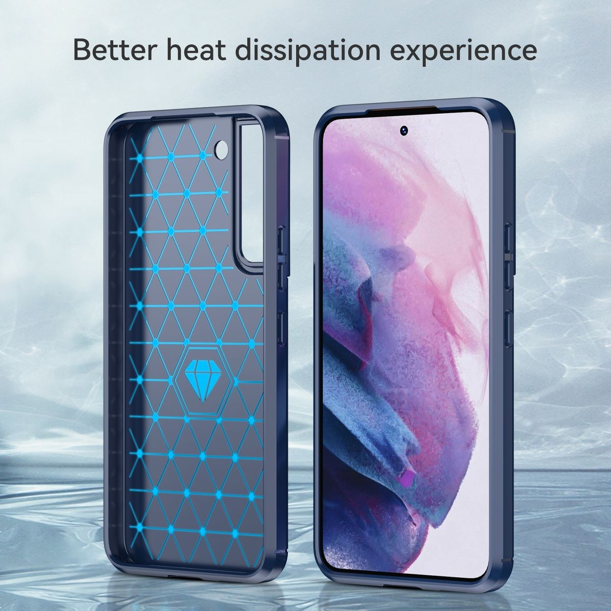 Zwei Handyhüllen, eine mit einem Telefon darin, das ein blaues Diamantdesign zeigt.