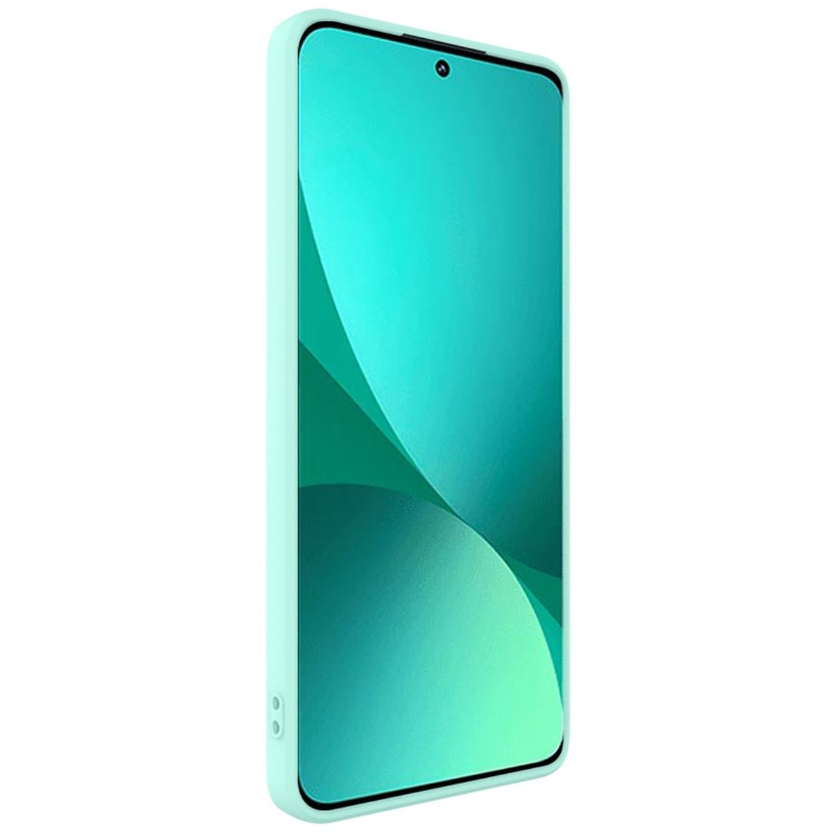 Mintgrüne Handyhülle mit einem Telefon darin, mit einer Kamera und einem glatten Display.