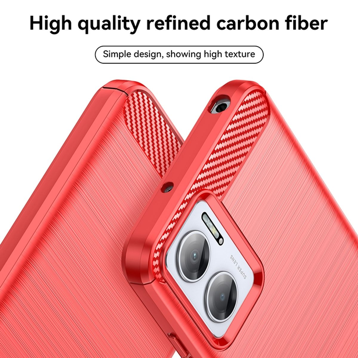 Rote Handyhülle mit Carbonfaserstruktur, Kamera und Design, mit Text.