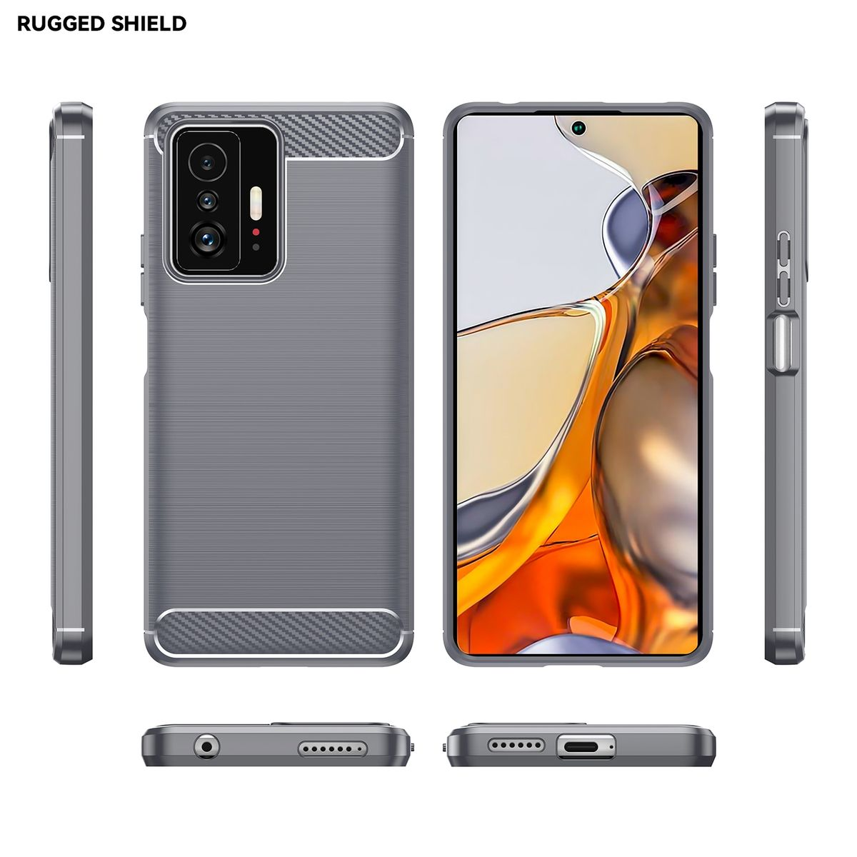Graue Handyhülle mit Carbonfaser-Design. Telefon auf der rechten Seite. Robuster Schutz.