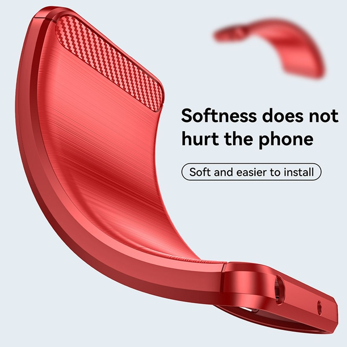 Rote Handyhülle in gebogener Form, mit strukturiertem Design und Text über Weichheit.