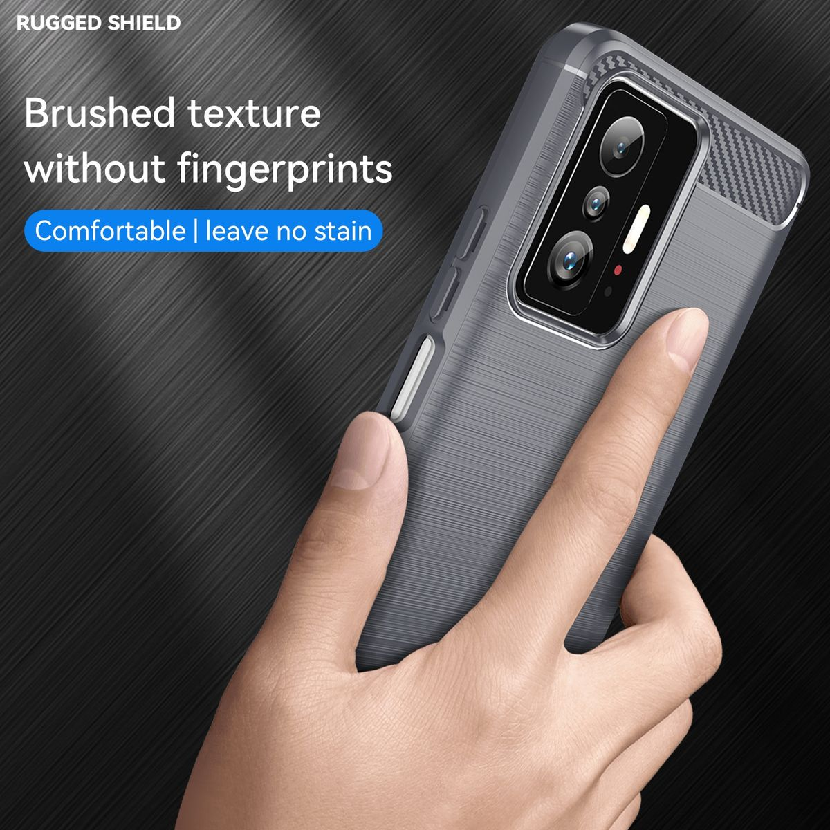 Graue Handyhülle, gehalten von einer Hand. Das Case hat eine strukturierte Oberfläche mit dunklem Hintergrund.