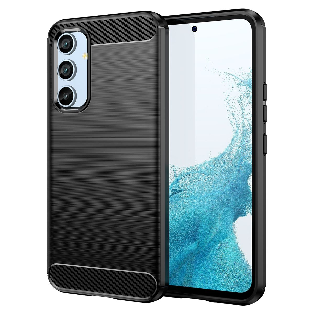 Schwarze Handyhülle mit einem Telefon darin. Das Telefon zeigt einen wellenförmigen Hintergrund.