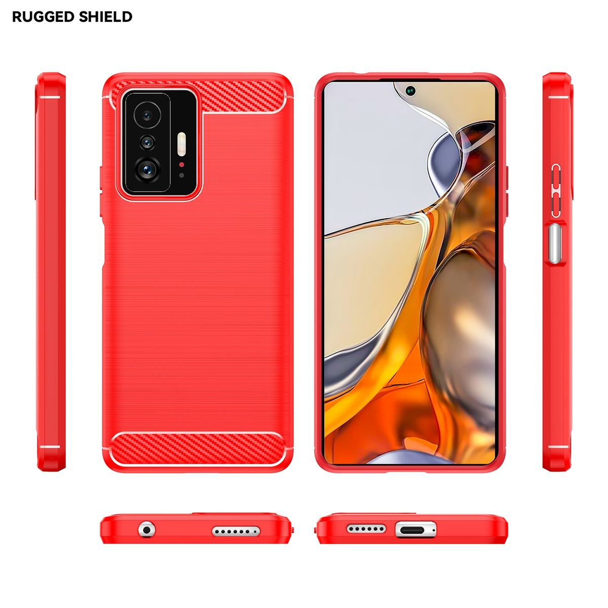 Rote Handyhülle für ein Mobiltelefon, mit dem Label Rugged Shield.