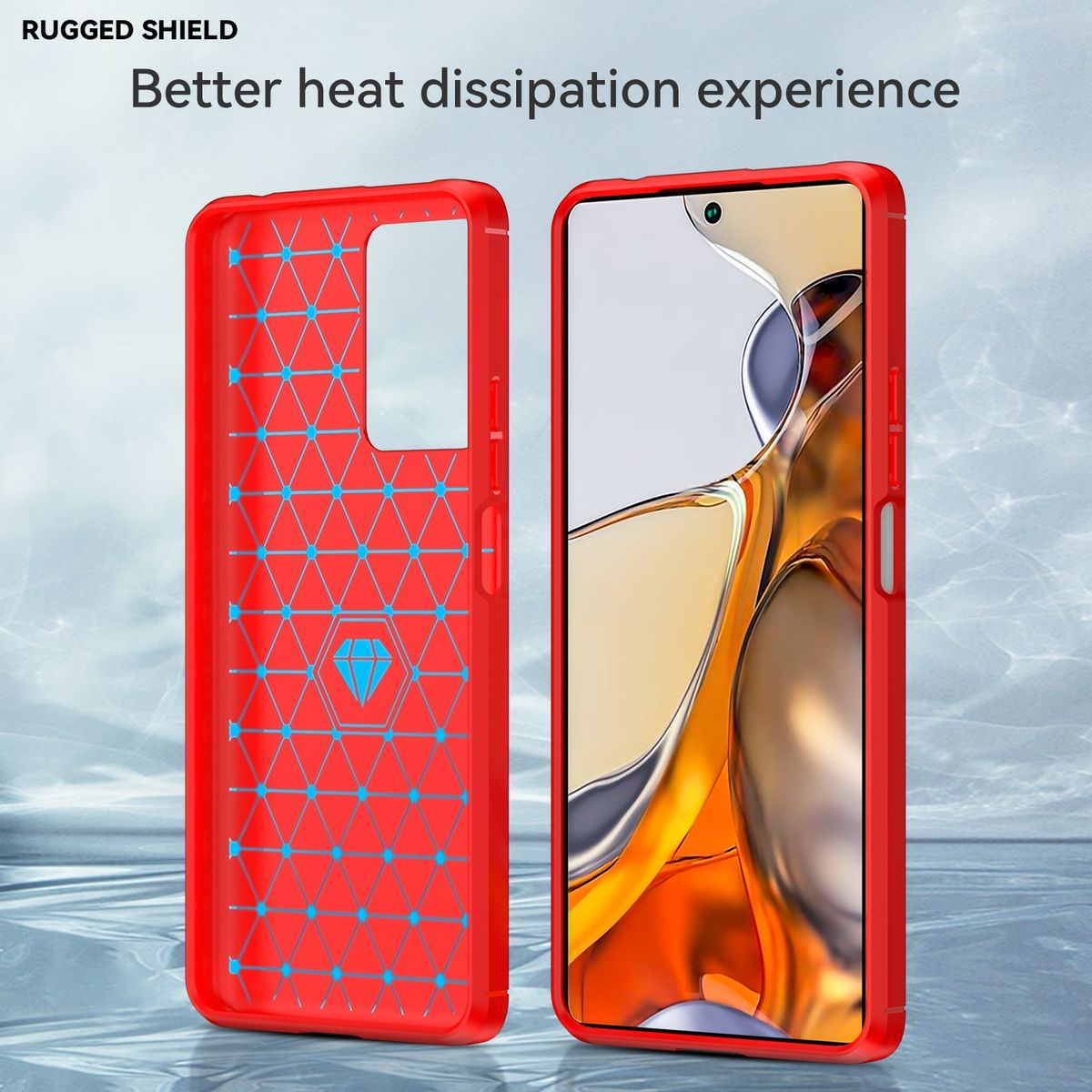 Rote Handyhülle, offen. Zeigt das Telefon. Gehäuse rot, geometrisches Design.