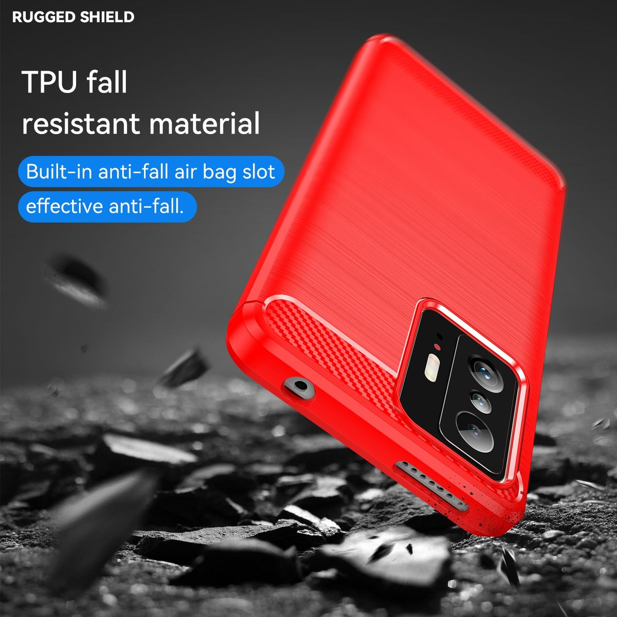 Rote Handyhülle und ein Telefon. Text: Robuster Schutz, TPU-Fallschutzmaterial.