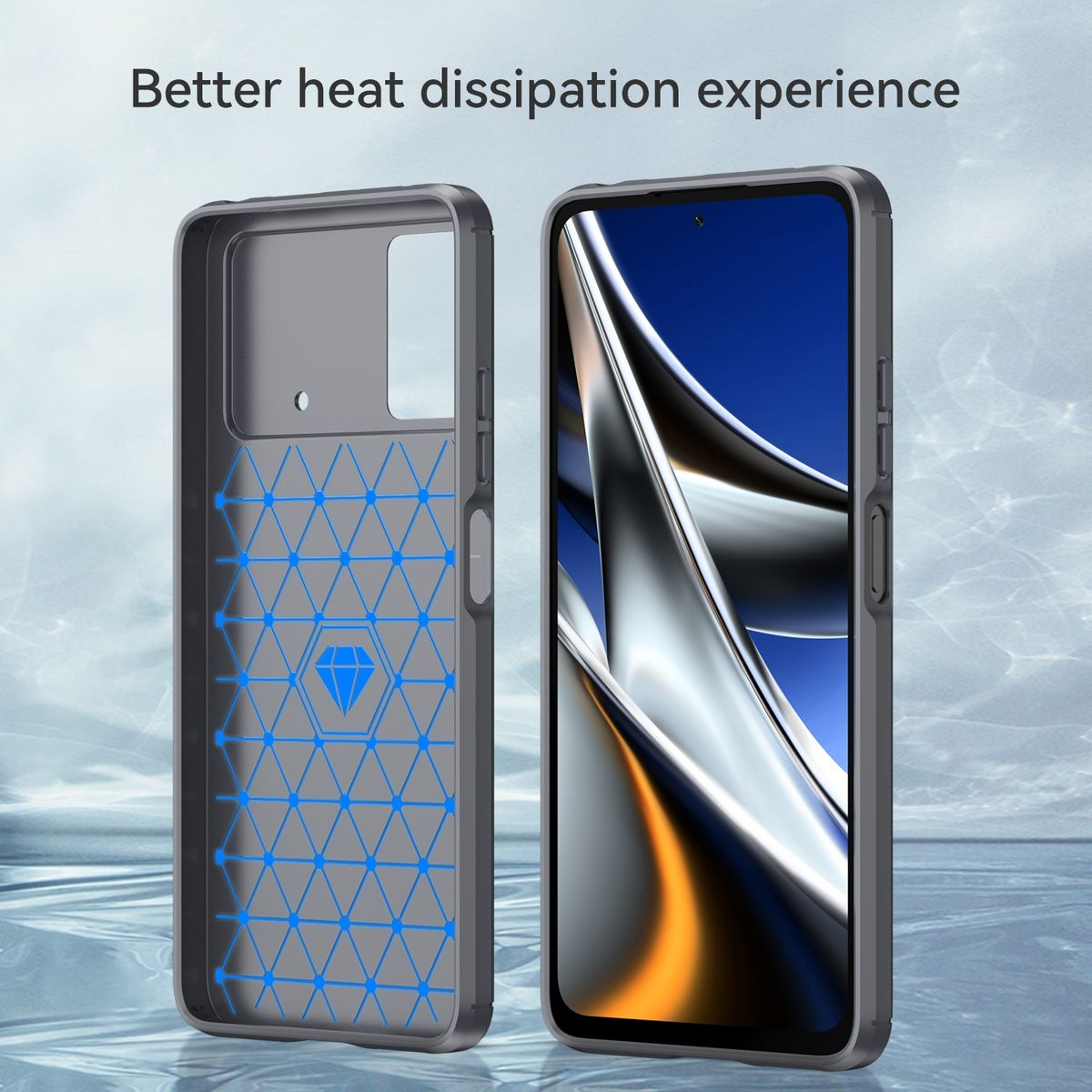Zwei Handyhüllen, grau mit geometrischem Design und ein Telefon mit blauem Bildschirm.