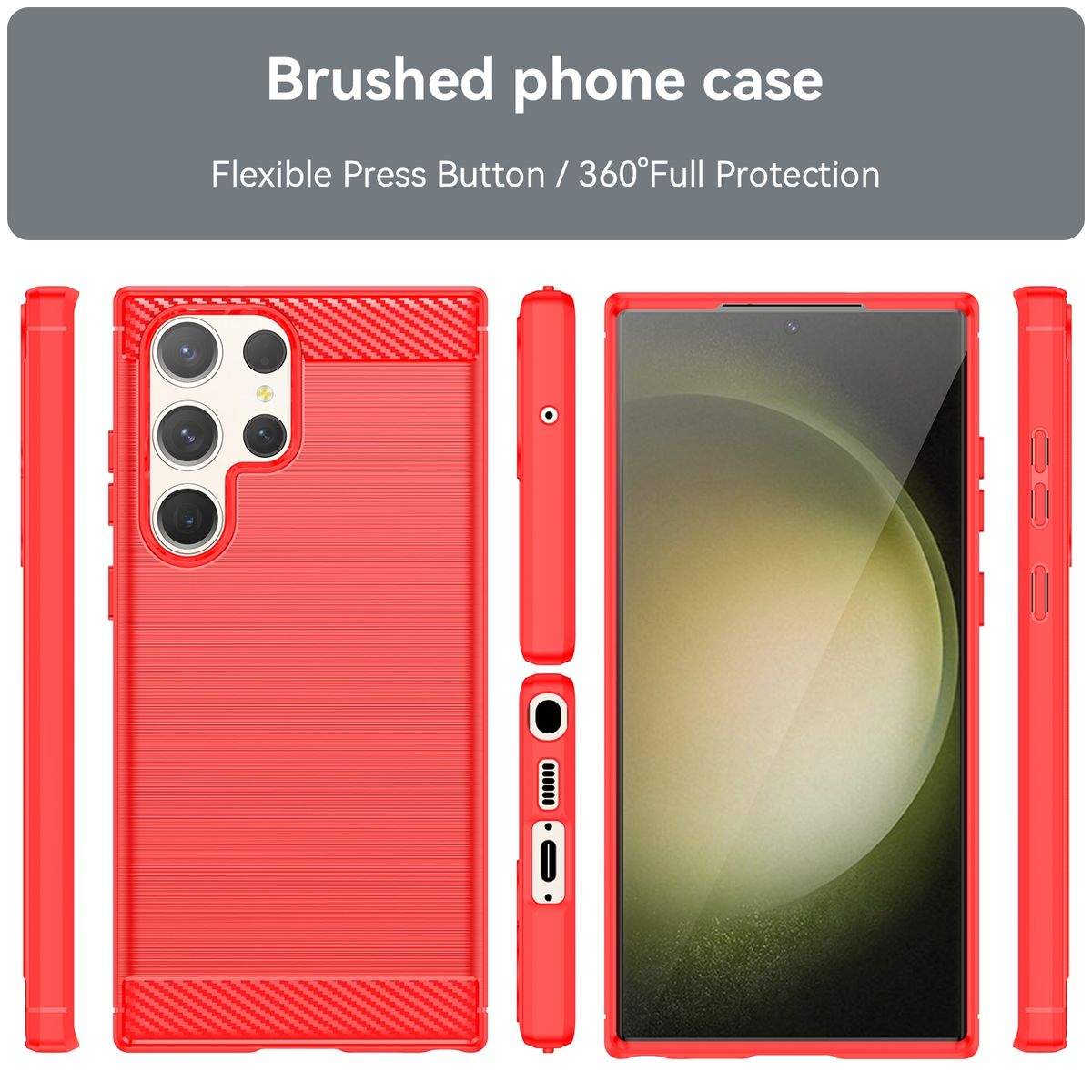 Rote Handyhülle mit verschiedenen Ansichten. Text: 'Brushed phone case' und 'Flexible Press Button'.
