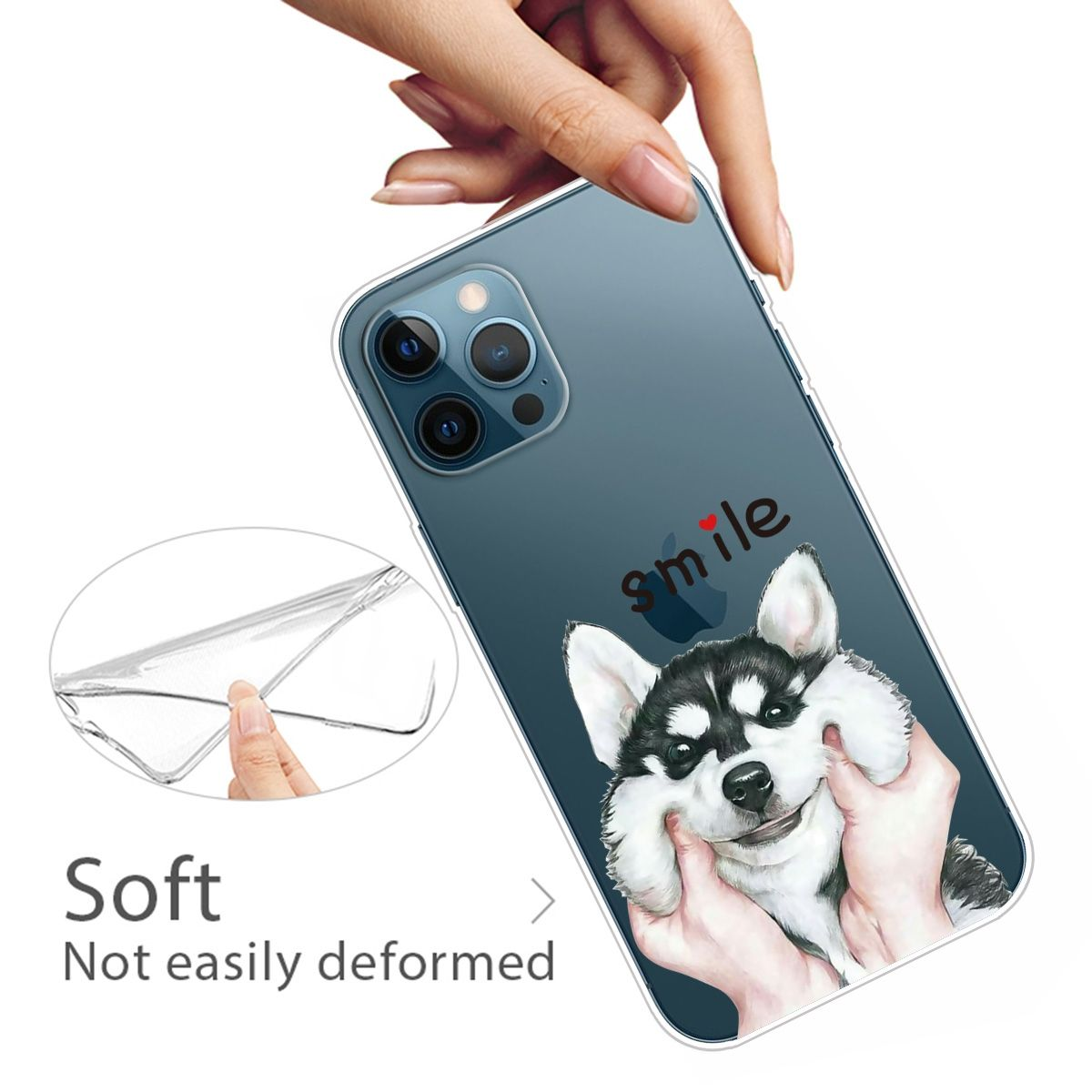 Eine Handyhülle mit einer Husky-Illustration. Eine Hand hält die durchsichtige Hülle und zeigt ein Lächeln.