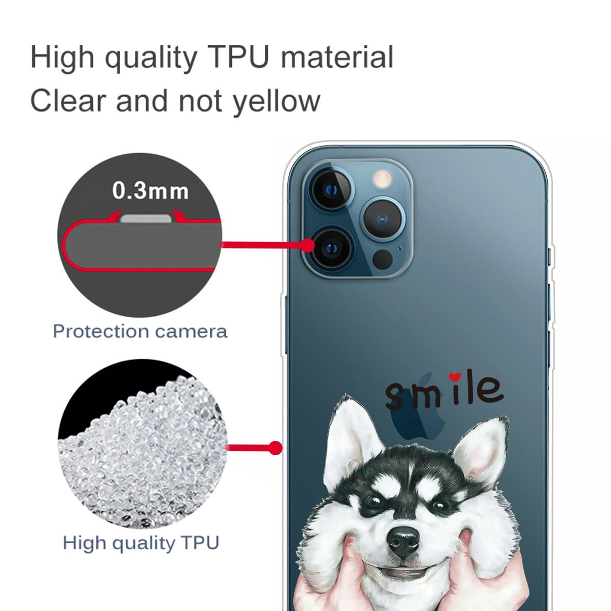Transparente Handyhülle mit Cartoon-Husky. Text: 'Hochwertiges TPU-Material'.