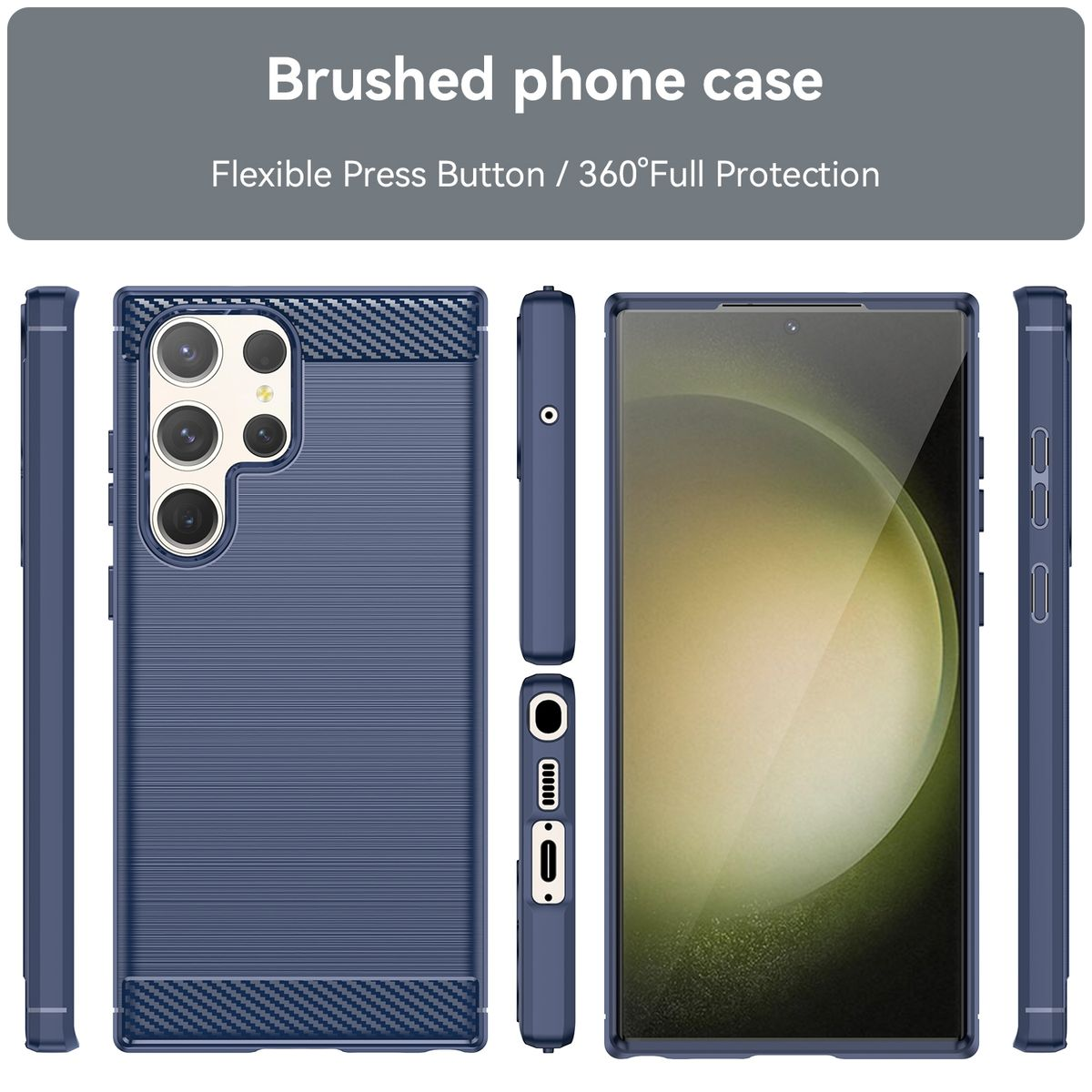 Mehrere Ansichten einer dunkelblauen Handyhülle mit Karbonfaser-Akzenten, die das Telefon darin zeigen.