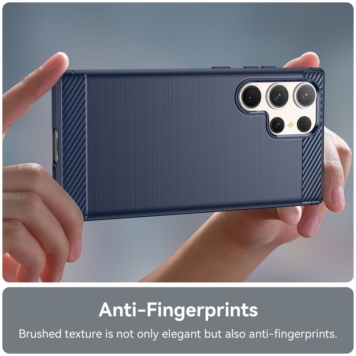 Handyhülle wird von Händen gehalten. Die Hülle ist dunkelblau. Text: 'Anti-Fingerprints'.