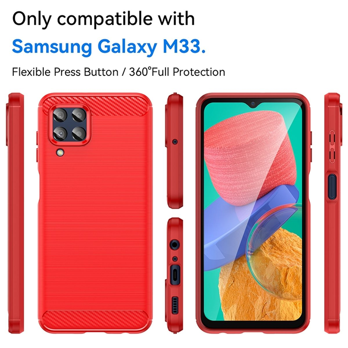 Rote Handyhülle mit mehreren Ansichten von Hülle und Telefon. Text: "Samsung Galaxy M33".