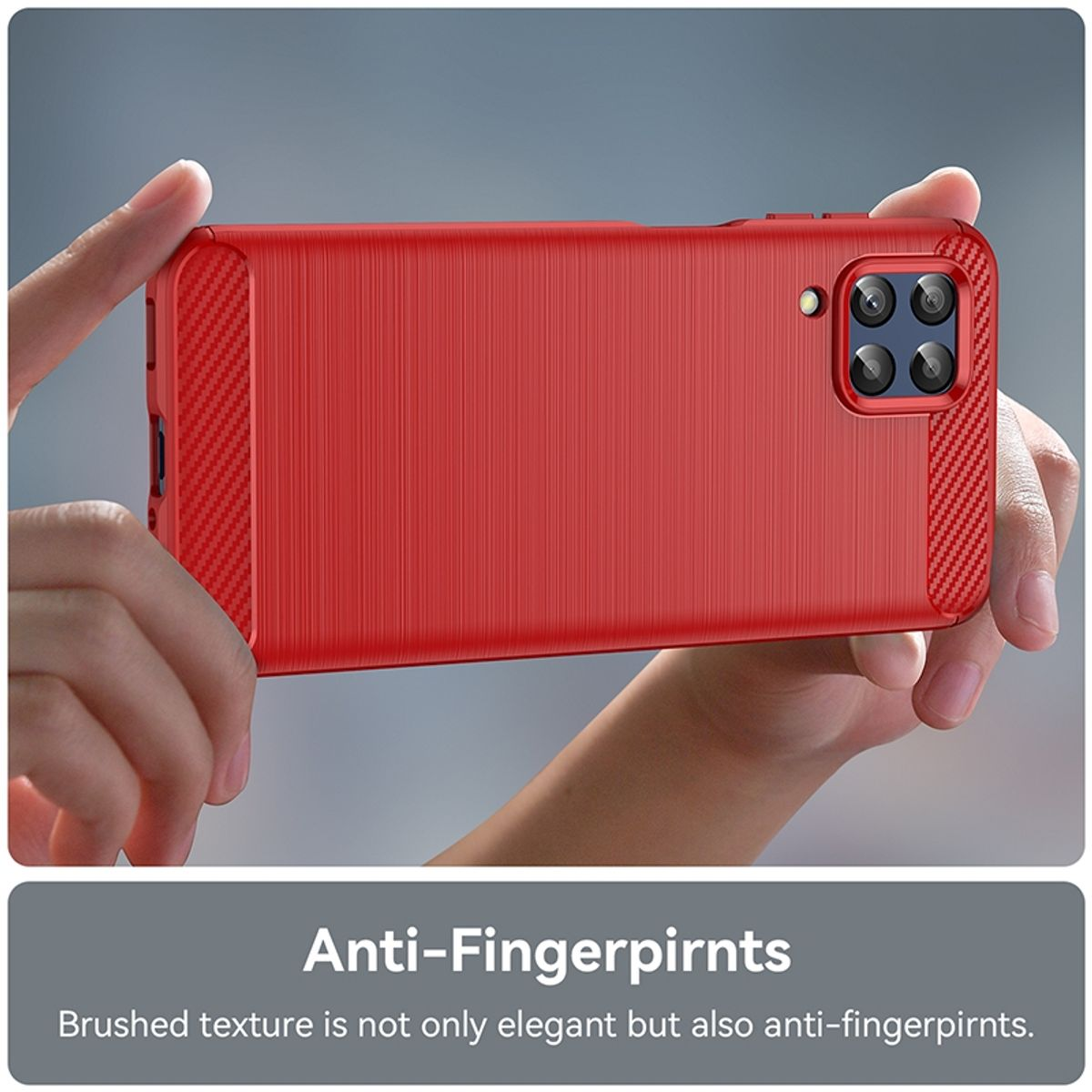Rote Handyhülle in Händen. Text 'Anti-Fingerprints'. Gebürstete Textur. Schwarzer Hintergrund.