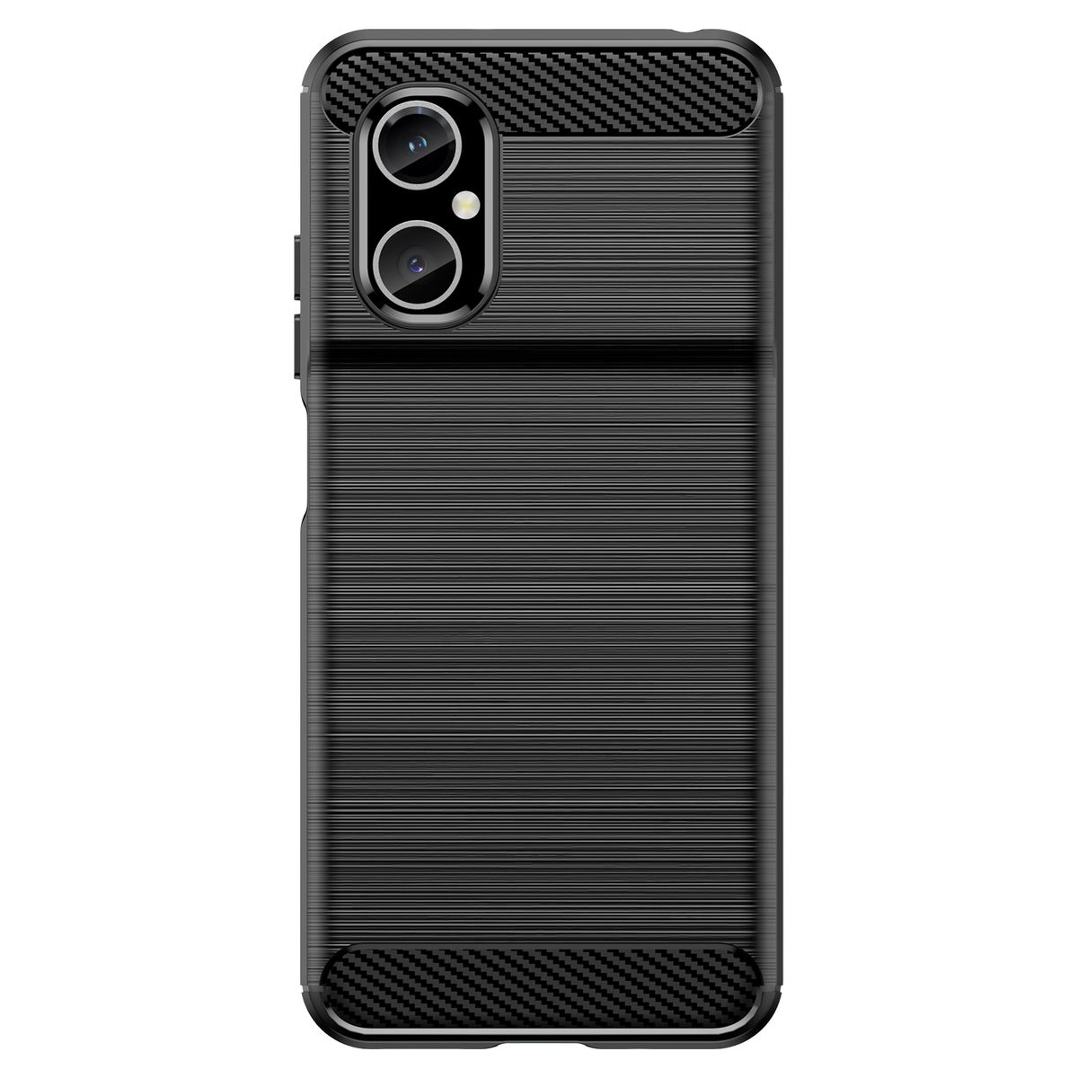 Eine schwarze Handyhülle mit Kamera und strukturierter Rückseite, die ein Karbonfaserdesign zeigt.