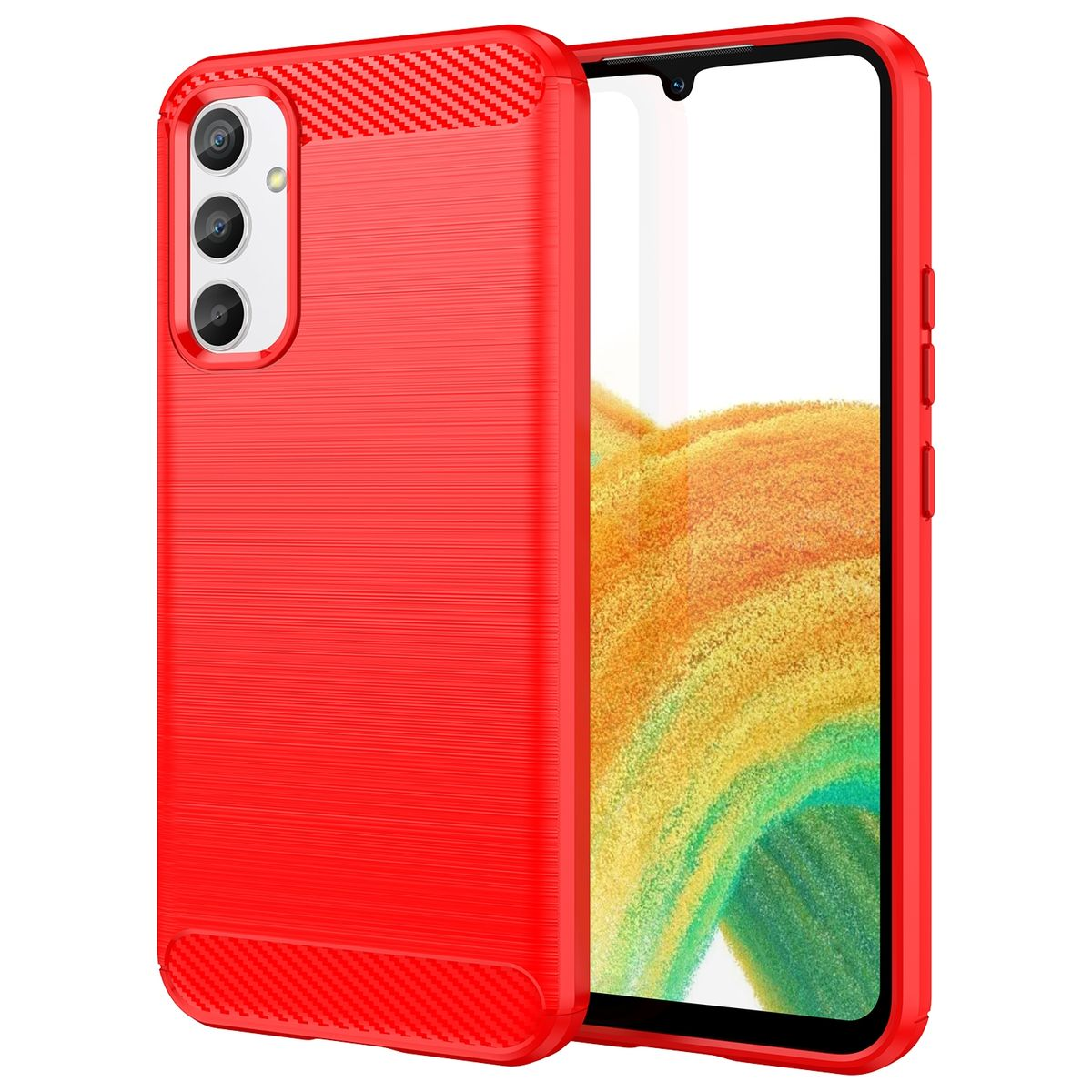 Eine rote Handyhülle auf weißem Hintergrund. Sie bedeckt die Rückseite und Seiten, das Display bleibt frei.