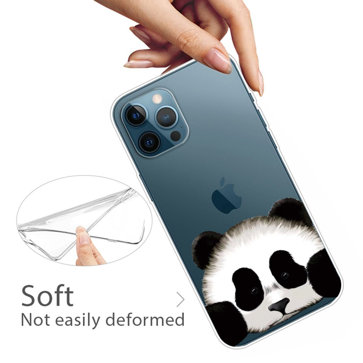 Eine Hand, die ein Telefon mit einer Panda-Design-Handyhülle hält, eine transparente Hülle wird gehalten.