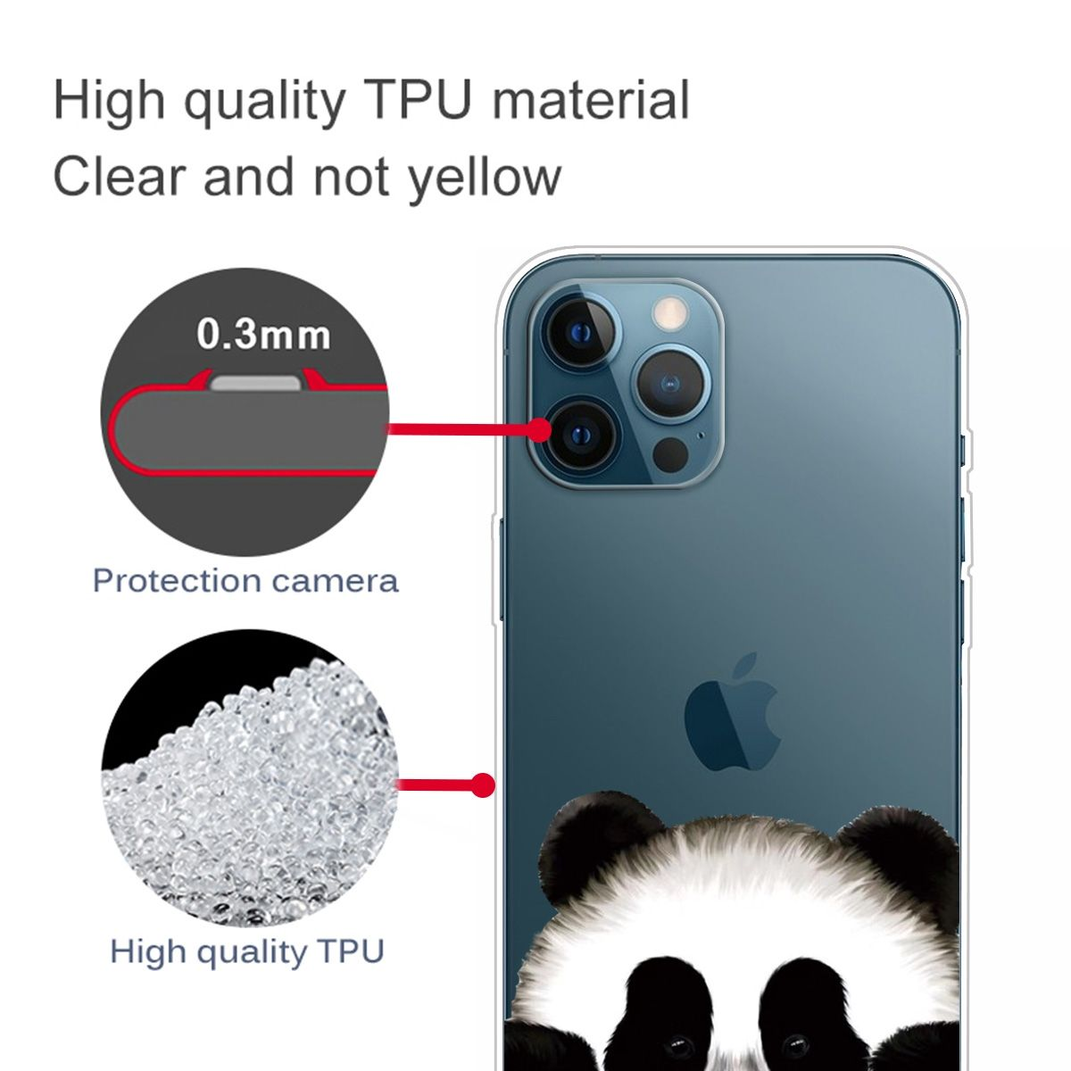 Telefon mit Panda-Hülle. Nahaufnahme zeigt Details der Hülle und ein Diagramm zur Dicke.