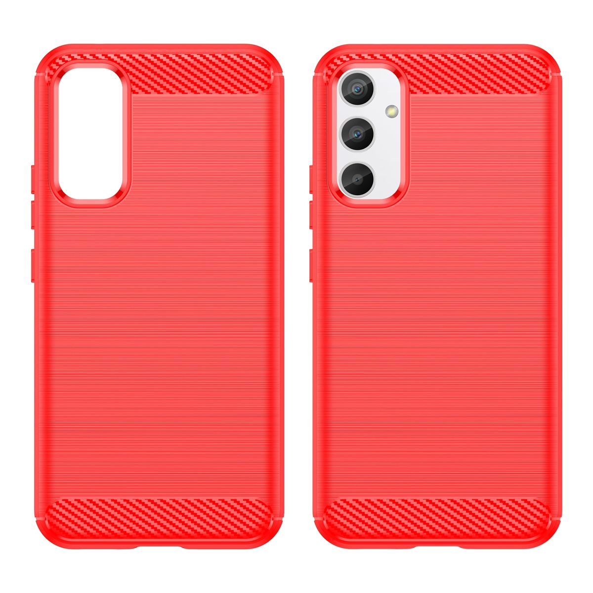 Rote Handyhülle, Vorder- und Rückseite, mit strukturiertem Design und Kameraausschnitt auf der Rückseite.