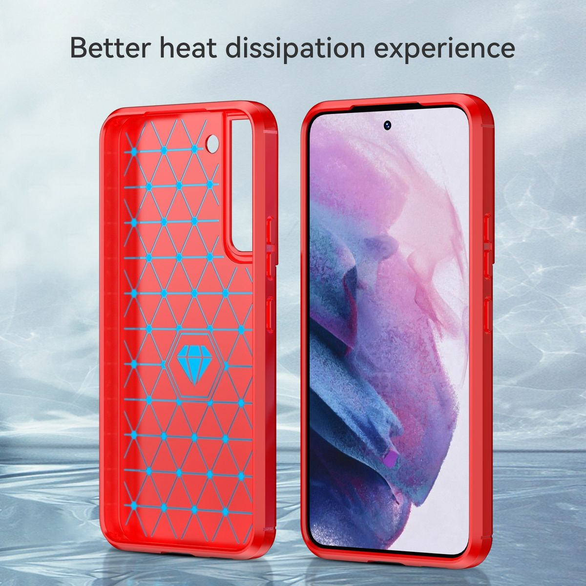 Zwei Handyhüllen werden angezeigt, eine rote und eine mit einem Telefon darin. Ein Diamantenmuster ist sichtbar.