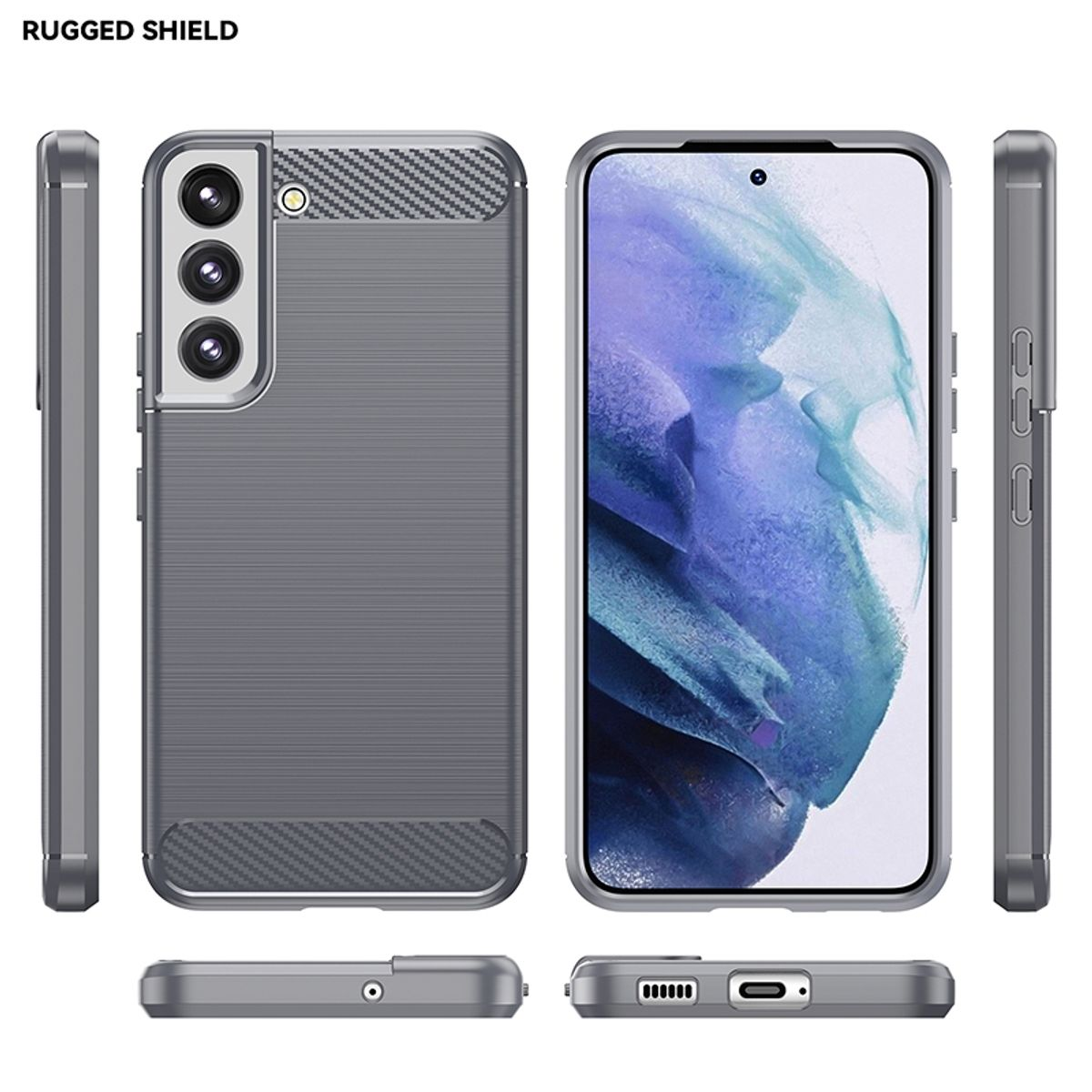 Handyhülle für ein Smartphone. Ansicht aus verschiedenen Winkeln. Text: Rugged Shield.