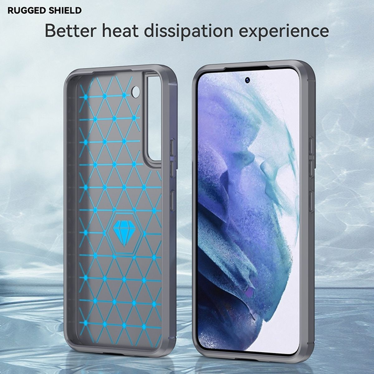 Eine graue Handyhülle mit blauem geometrischen Design auf der Rückseite und einem Telefon darin.