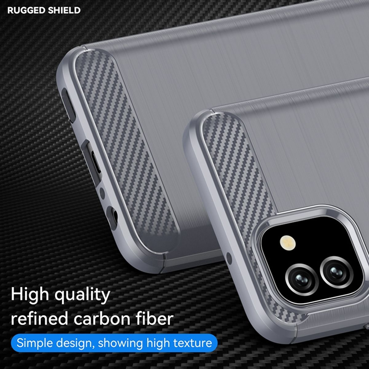 Handyhülle mit Kohlefasertextur. Seite und Rückseite werden gezeigt. Text Rugged Shield.